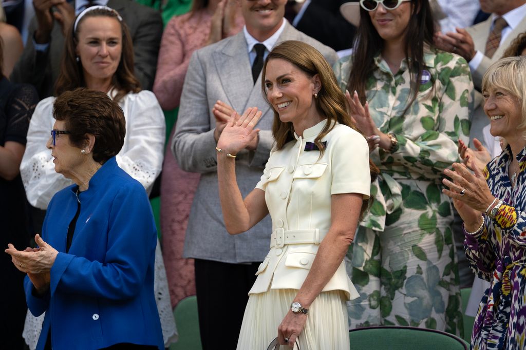Catherine, Princess of Wales, waves from the Royal Box prior to the the Ladies' Singles Final between Iga Swiatek of Poland and Amanda Anisimova of United States on day thirteen of The Championships Wimbledon 2025