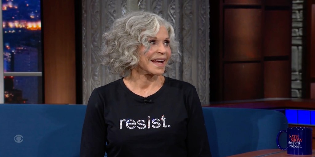 jane fonda resist shirt stephen colbert