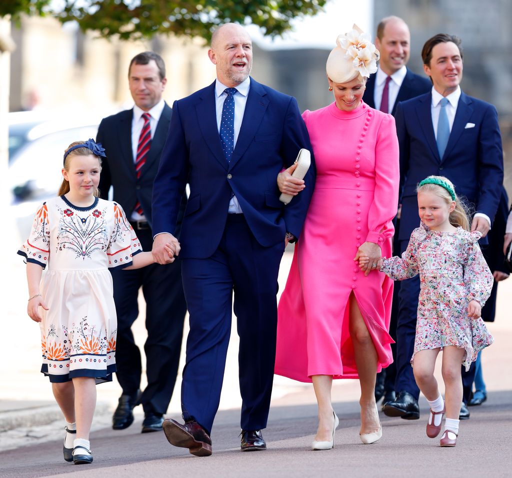  Mia Tindall, Mike Tindall, Zara Tindall and Lena Tindall attend the traditional Easter Sunday Mattins Service at St George's Chapel, Windsor Castle 