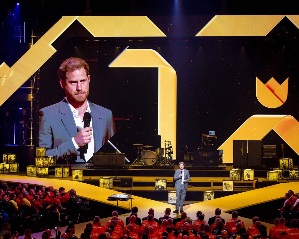 The Duke of Sussex appears on a giant screen as he speaks during the opening ceremony of The Invictus Games in The Hague 