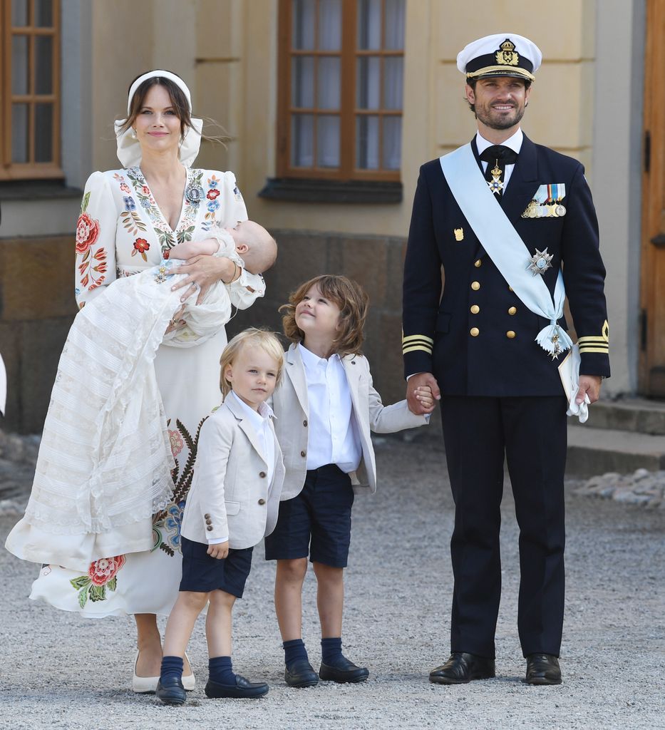 Prince Carl Philip, Princess Sofia, Prince Alexander, Prince Gabriel and Prince Julian attend Prince Julian's baptism outside Drottningholm Castle Chapel on August 14, 2021 in Stockholm