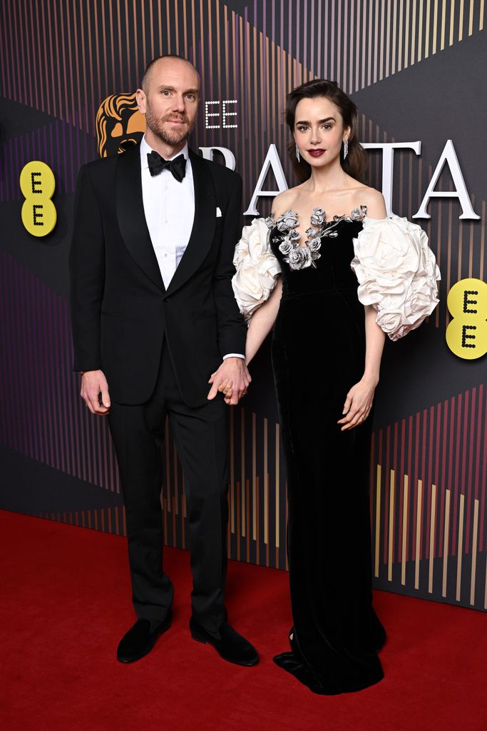 Charlie McDowell and Lily Collins attend the EE BAFTA Film Awards 2024 at The Royal Festival Hall on February 18, 2024 in London, England