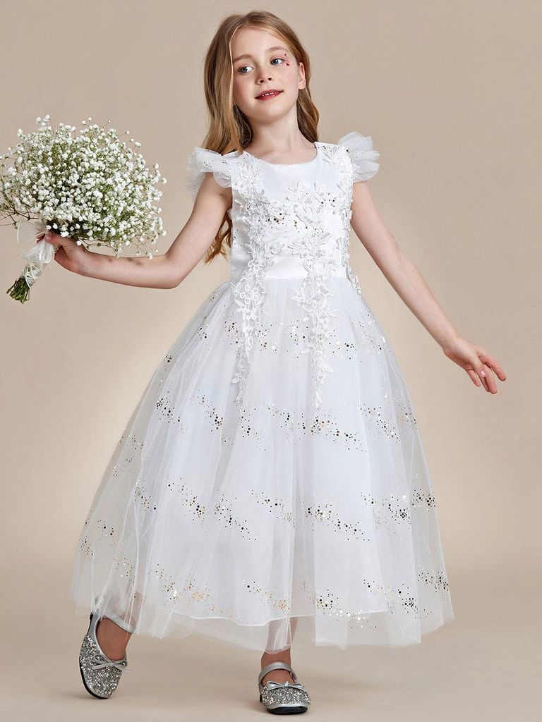 Little Girl's White Scalloped Lace and Satin Flower Girl Dress