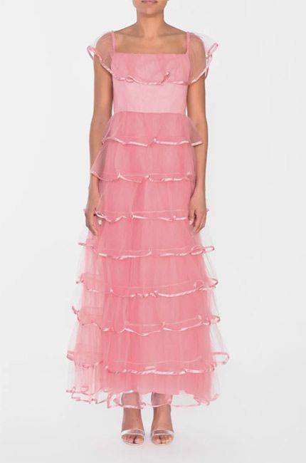 pink trim wedding dress