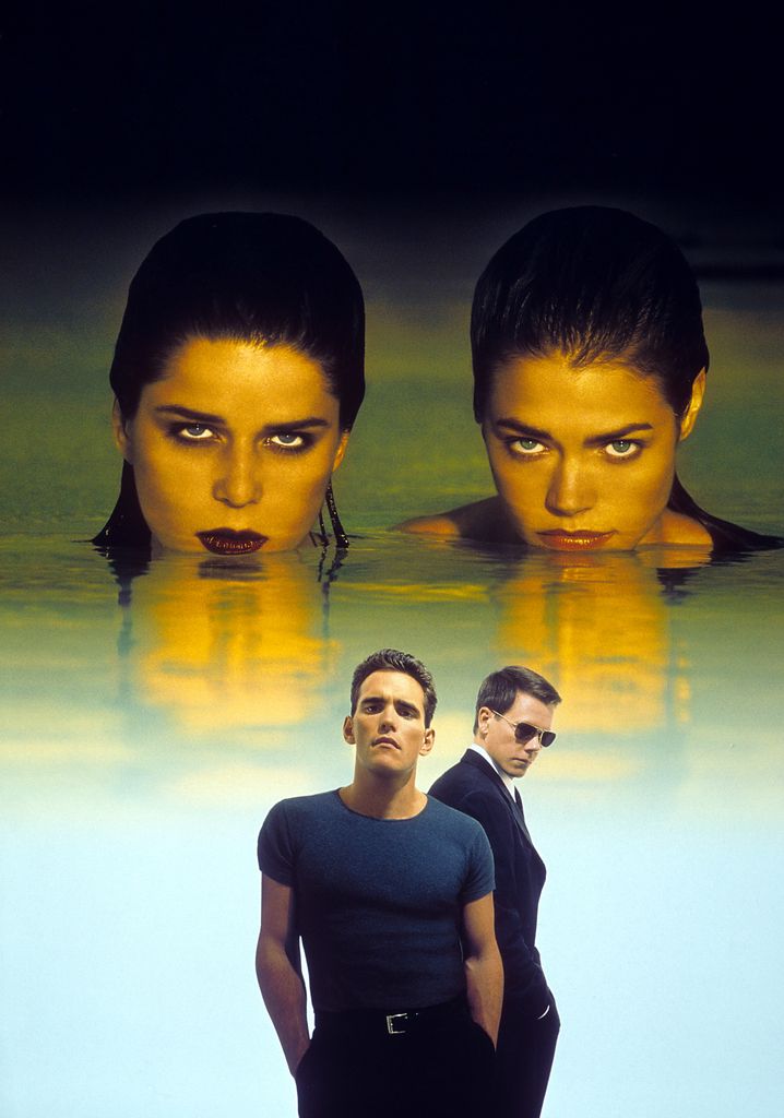 Neve Campbell, Matt Dillon, Kevin Bacon and Denise Richards in movie art for the film 'Wild Things', 1998