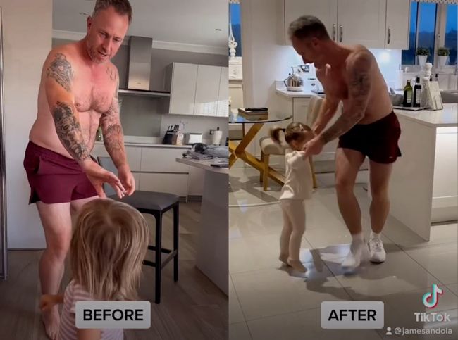two photos side by side of a man dancing topless in a kitchen with a little girl nearby and a caption reading before next to the same man topless again but looking slimmer and the girl is joining in with the dancing and that photo is captoined after