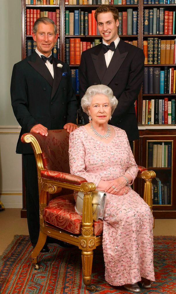 The late Queen Elizabeth II, the then Prince Charles and Prince William posing for a photograph at Clarence House before a dinner to mark the 50th anniversary of the Queen's Coronation on June 2, 2003 
