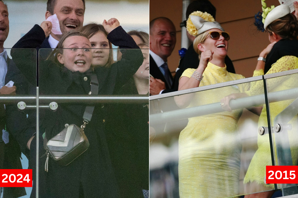 Mia Tindall and Zara Tindall jumping for joy at the races