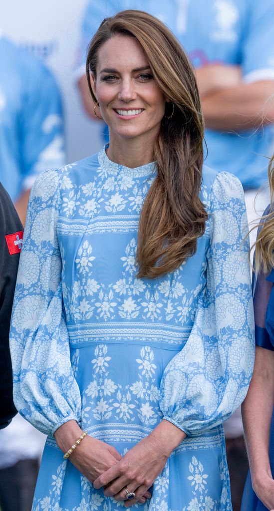 Kate Middleton, the Princess of Wales, wearing a blue dress at the Royal Charity Polo Cup 2023 at Guards Polo Club on July 6, 2023