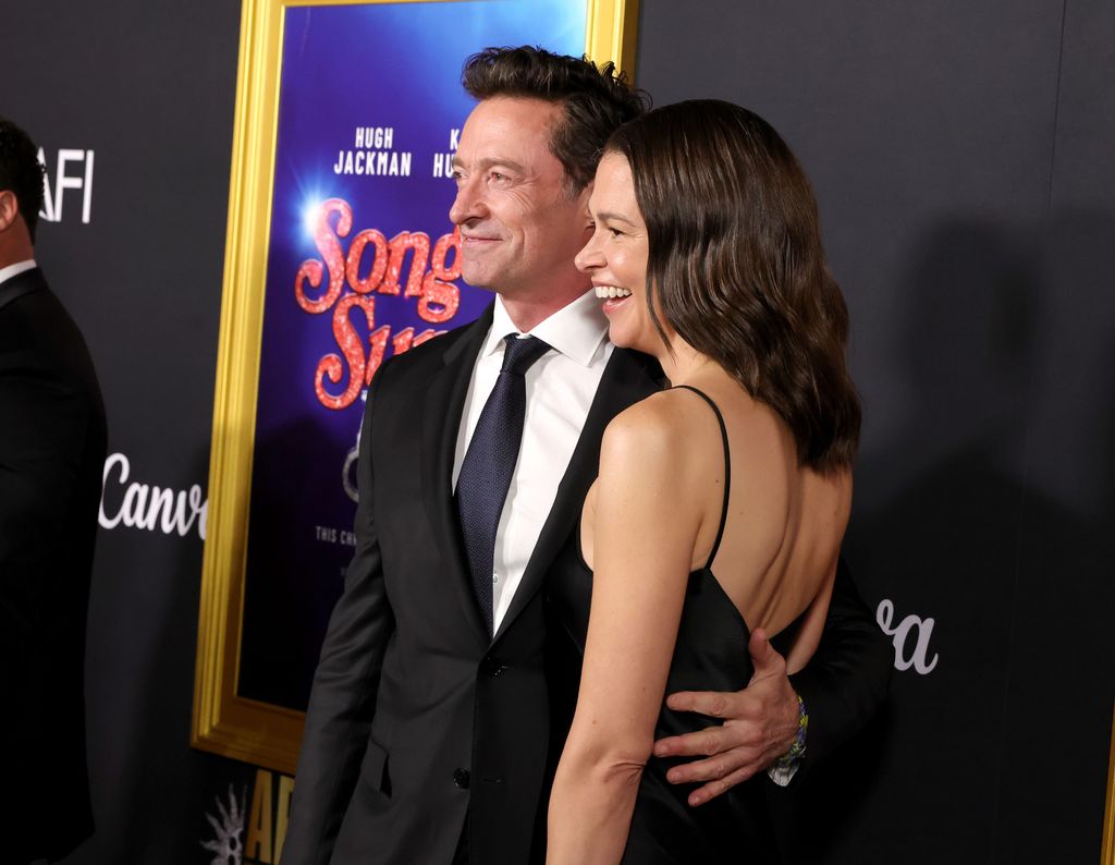 Hugh Jackman and Sutton Foster attend closing night gala premiere of "Song Sung Blue" during 2025 AFI FEST at TCL Chinese 6 Theatres on October 26, 2025 in Hollywood, California