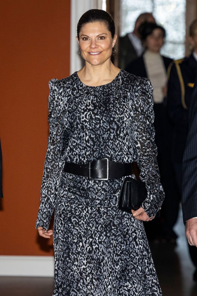Crown Princess Victoria in belted grey animal print dress