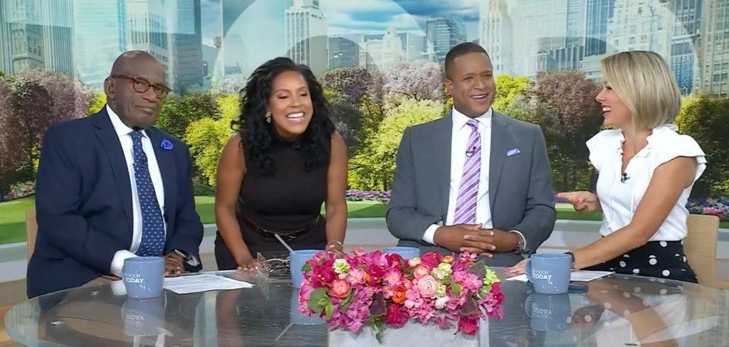 Sheinelle Jones in black dress, Al Roker in navy suit, Craig Melvin in gray suit, and Dylan Dryer in white blouse on TODAY