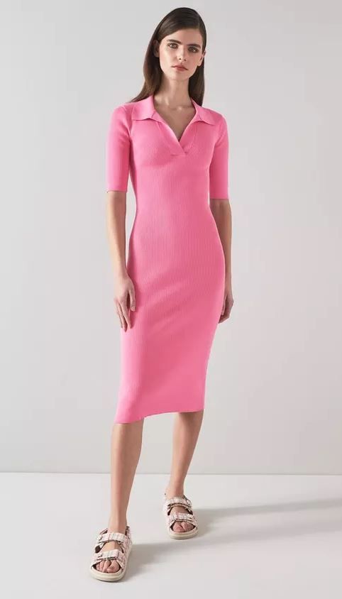 model wearing pink LK Bennett dress