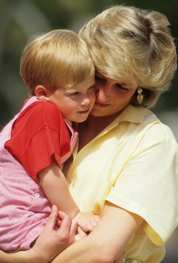 Diana, Princess of Wales with Prince Harry on holiday in Majorca, Spain on August 10, 1987