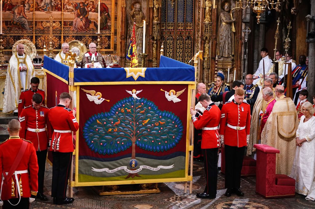 An anointing screen is erected for King Charles III during his coronation ceremony in Westminster Abbey