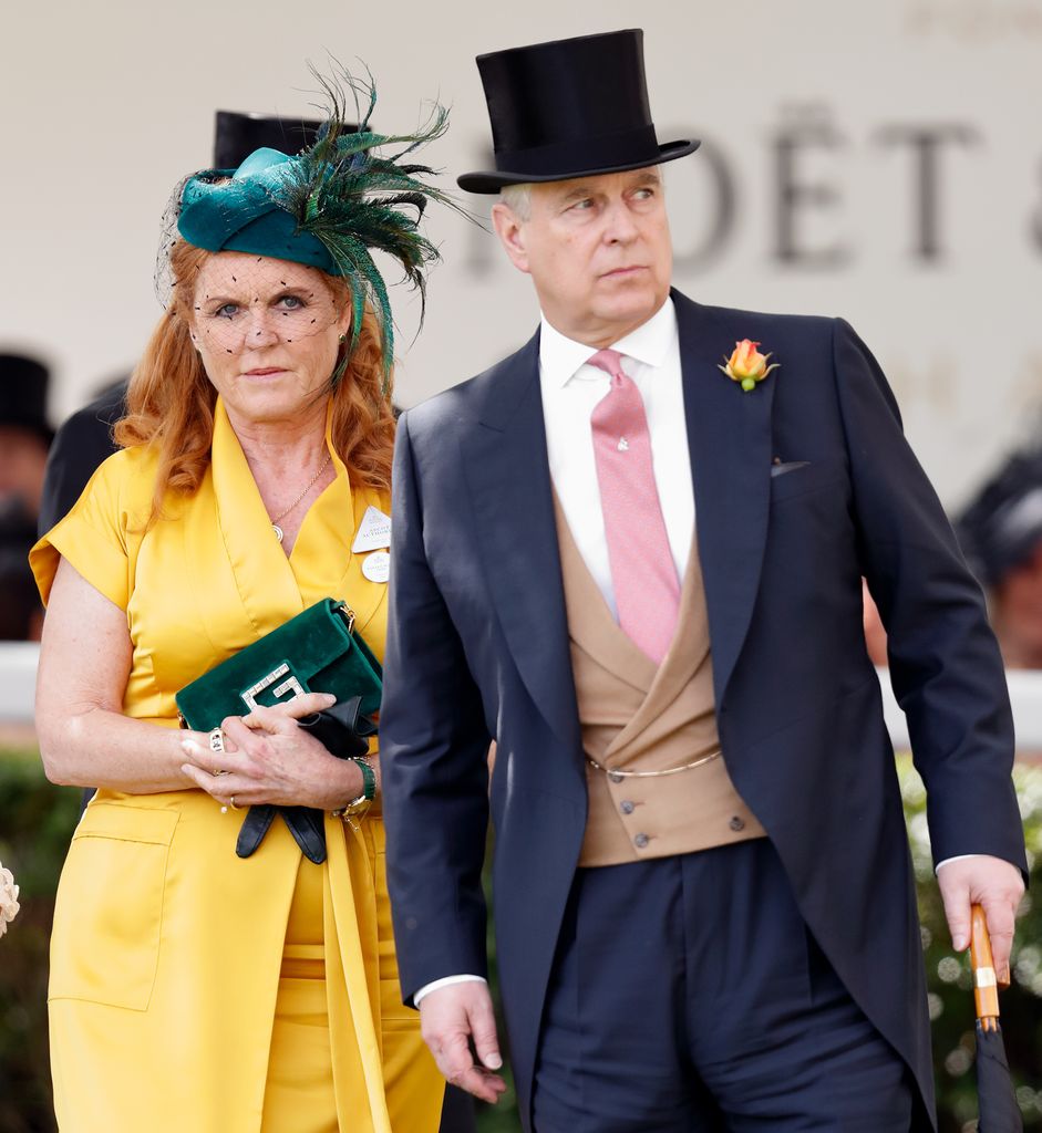 Sarah Ferguson, Duchess of York, wears a yellow dress with a green fascinator alongside the Duke of York, who wears a black morning suit, a brown waistcoat, and a black top hat.