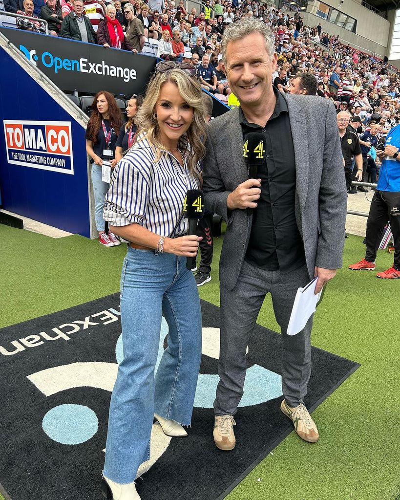 helen skelton in jeans and shirt on rugby pitch 