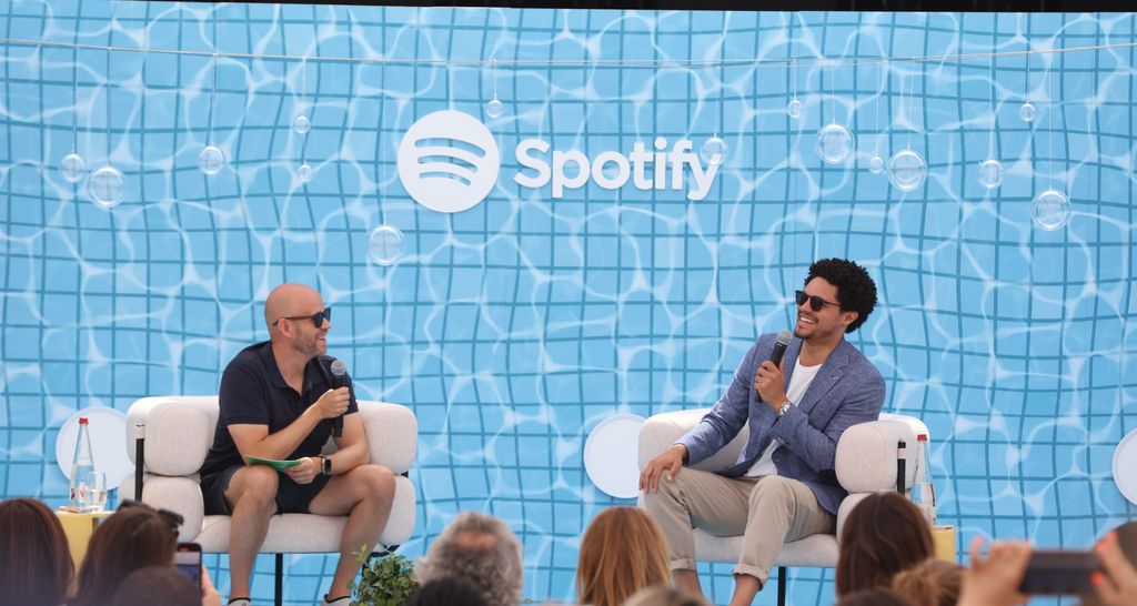 Spotify's CEO and Co-Founder Daniel Ek joins author and comedian Trevor Noah to discuss the future of storytelling at Spotify Beach on June 20, 2023 in Cannes, France