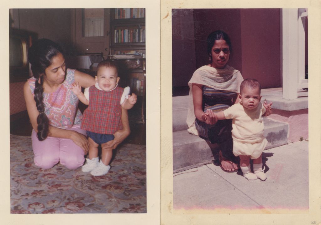 Two pictures, side by side, show Kamala Harris as a baby being helped to stand by her mom