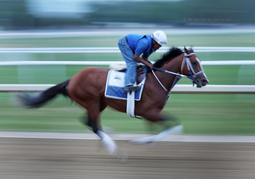 Kentucky Derby winner Mystik Dan trains on the track in 2024 