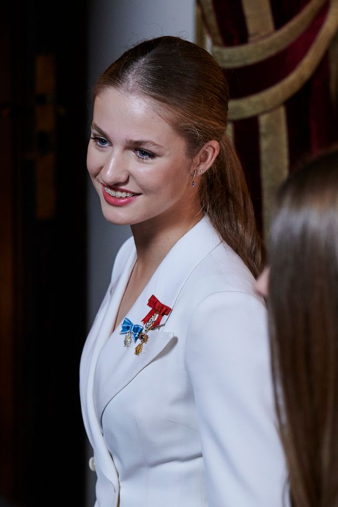 Crown Princess Leonor of Spain during the reception on the occasion of Princess Leonor receiving the Collar of the Order of Carlos III on October 31, 2023 in Madrid, Spain. Crown Princess Leonor Swears Allegiance To The Constitution the day of her 18th birthday.