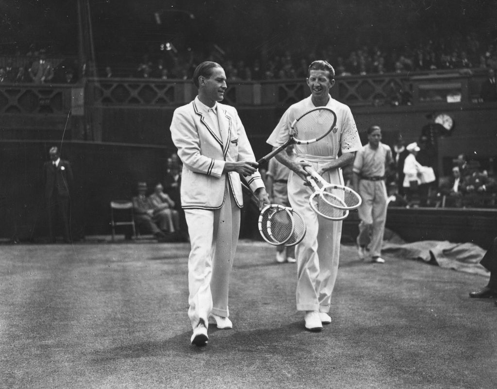 German tennis player Gottfried von Cramm on court with Donald Budge