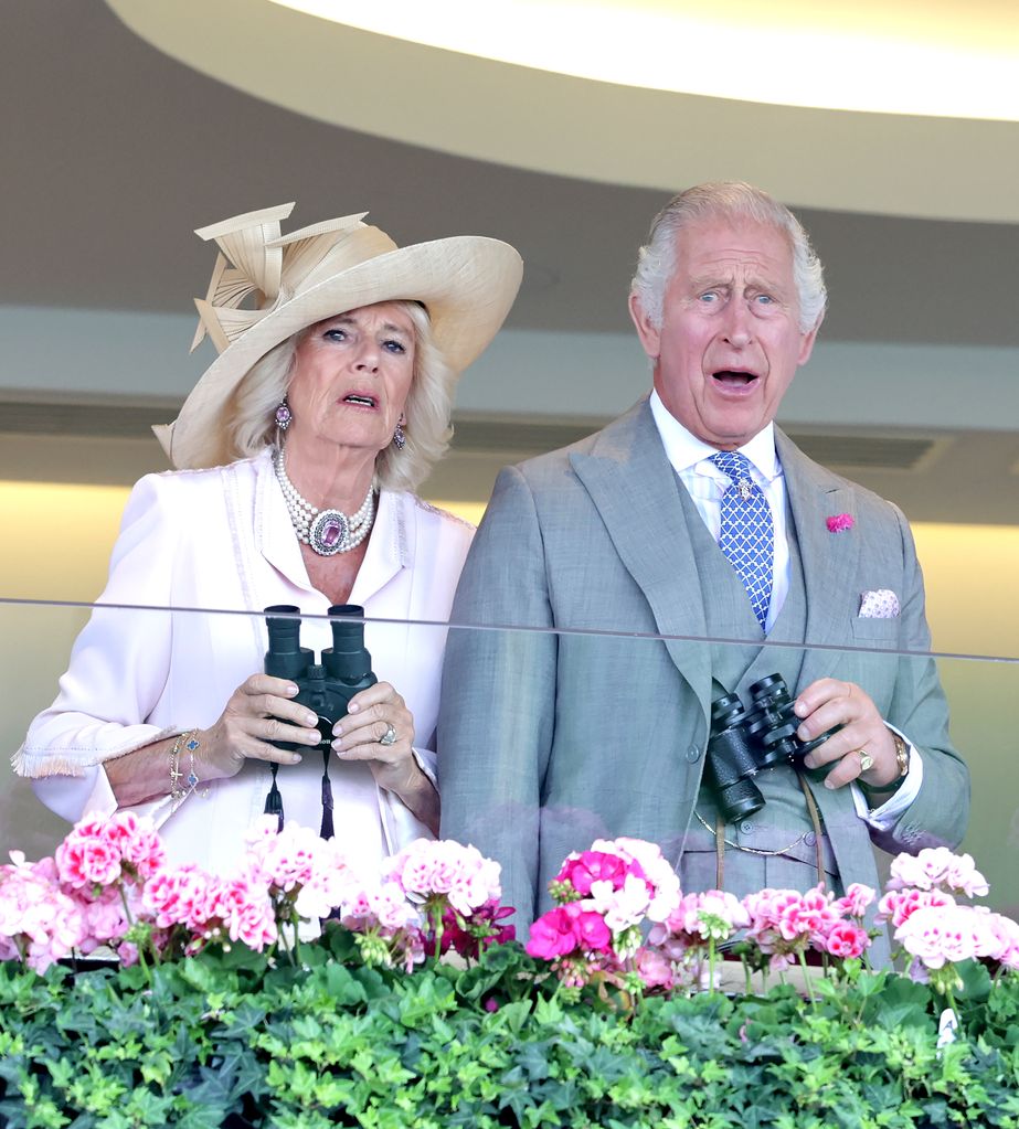 King Charles and Queen Camilla looking shocked at Ascot