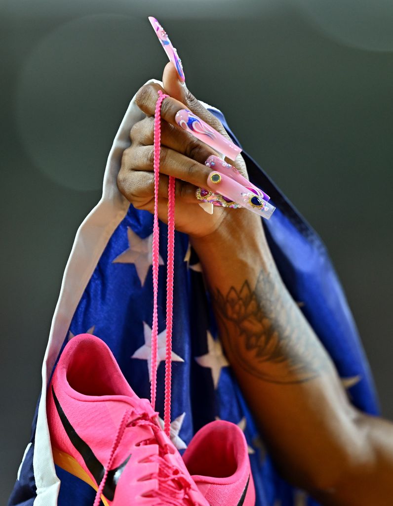  detailed view of the nails of bronze medallist Sha'Carri Richardson of USA after the Women's 200m final during day seven of the World Athletics Championships in 2023