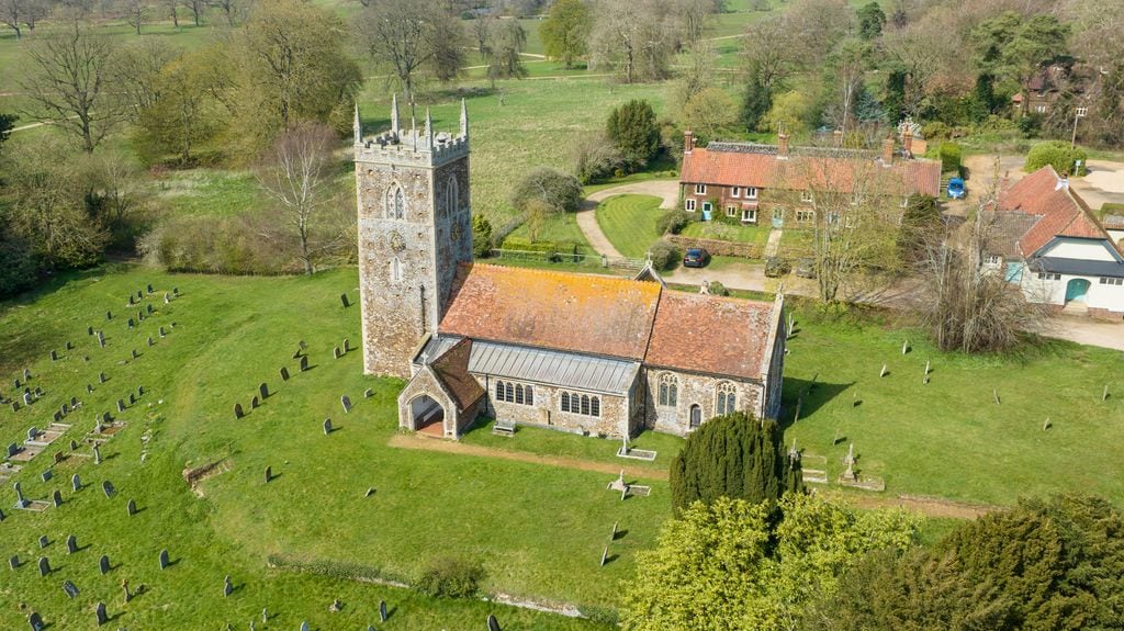 exterior aerial view of St Peter and St Paul church