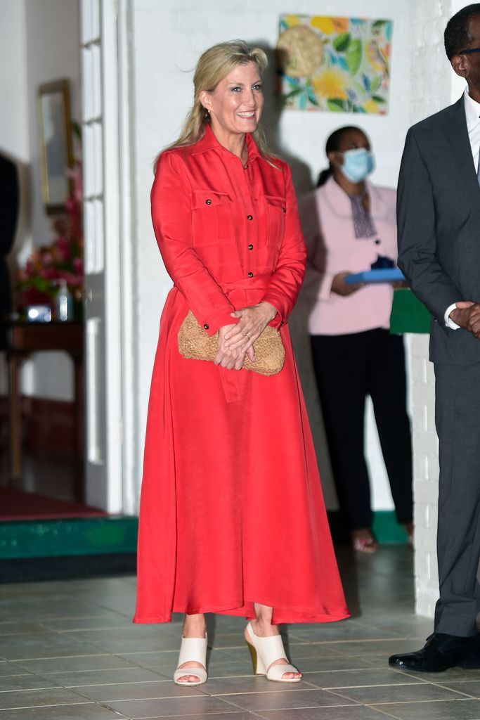 Sophie, Countess of Wessex smiles during a reception to meet Philip Pierre, Prime Minister of Saint Lucia on day one of the Platinum Jubilee Royal Tour of the Caribbean with Prince Edward