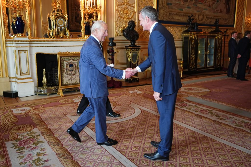 King Charles III speaking to Science, Innovation and Technology Secretary Peter Kyle during a reception for recipients of The King's Award for Enterprise, at Windsor Castle, Berkshire. Instituted by Royal Warrant in 1965, the awards are the most prestigious business awards in the UK, with recipients recognised as being among the best of British businesses.
