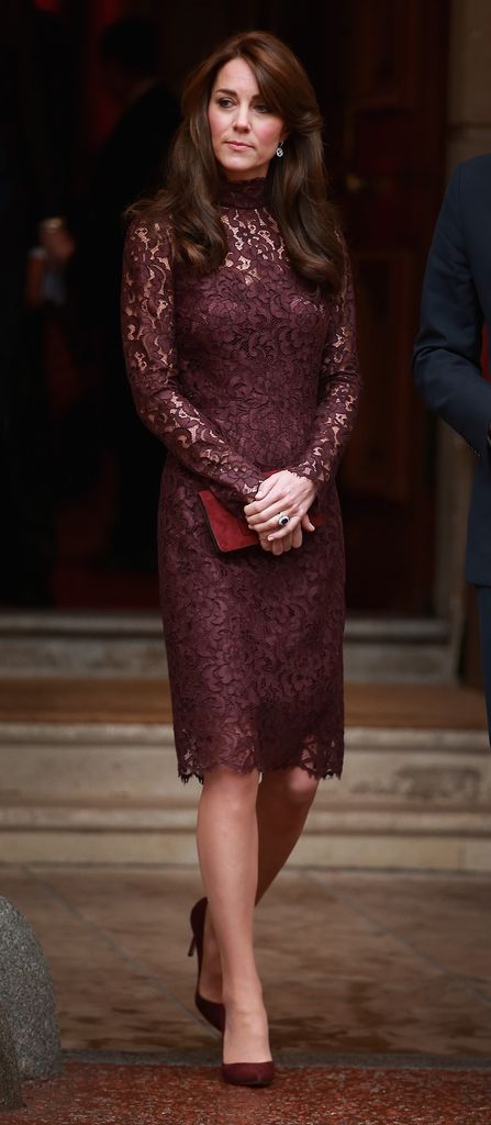 Catherine in lace burgundy dress