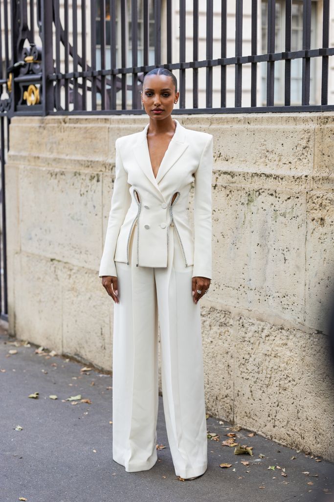 PARIS, FRANCE - JULY 05: Jasmine Tookes is seen wearing white suit outside Zuhair Murad during the Haute Couture Fall/Winter 2023/2024 as part of  Paris Fashion Week on July 05, 2023 in Paris, France. (Photo by Christian Vierig/Getty Images)