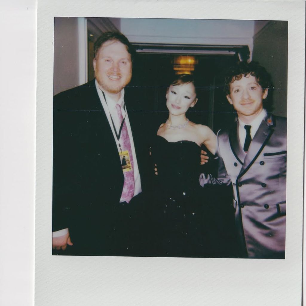 Danny Skinner, Ariana Grande and Ethan Slater backstage at the London premiere for Wicked: For Good