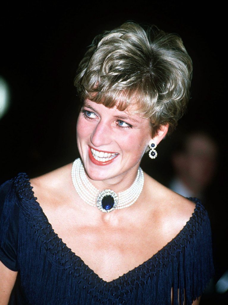 Diana, Princess of Wales wearing her sapphire choker and earrings at a concert at Royal Albert Hall on July 8, 1991 in London, England. (Photo by Anwar Hussein/WireImage)  