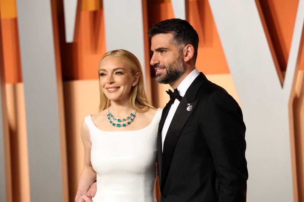 Lindsay Lohan and her husband Bader Shammas attend the Vanity Fair Oscar Party at the Wallis Annenberg Center for the Performing Arts in Beverly Hills, California, on March 2, 2025