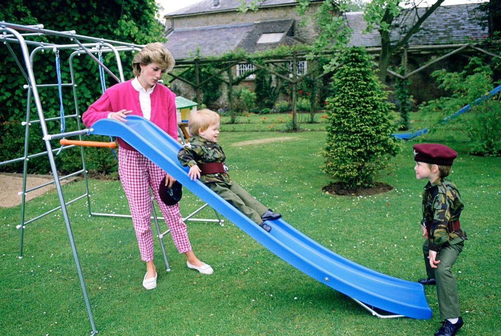 William and Harry playing on a slide while Diana watches