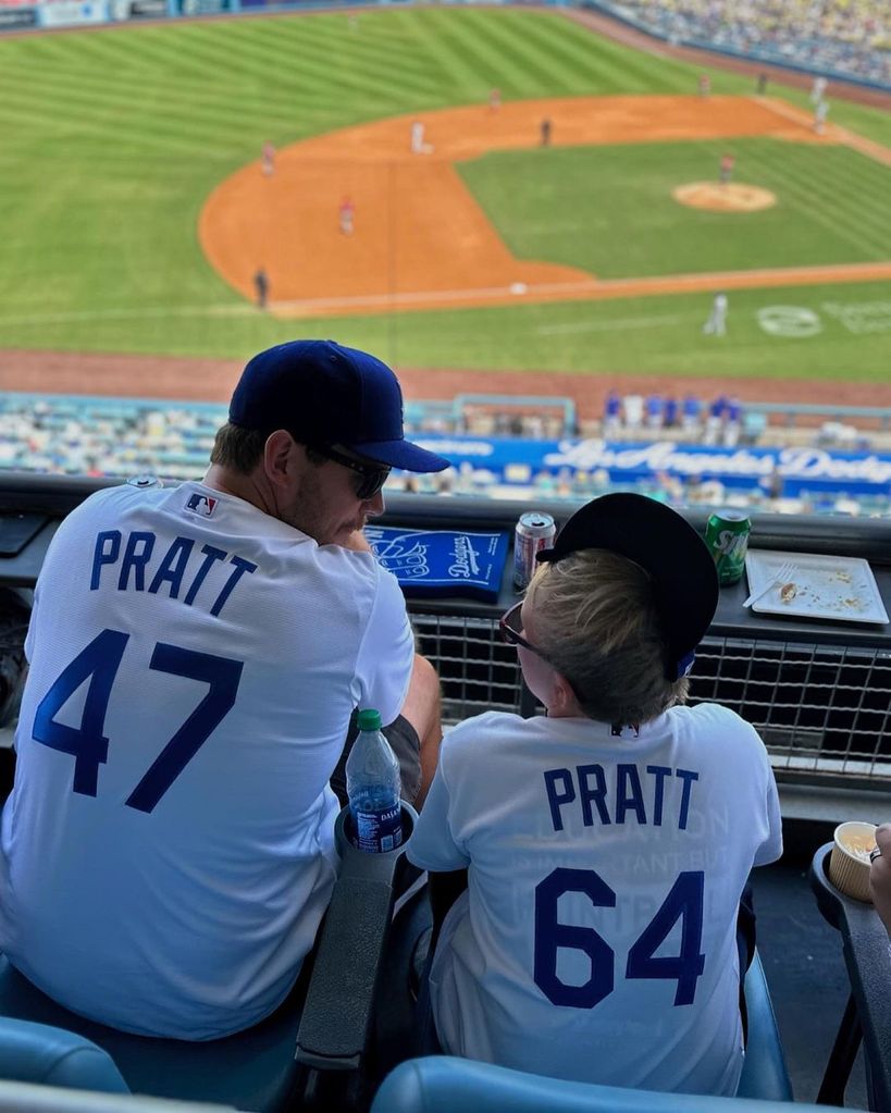 Chris Pratt with son Jack at LA Dodgers game wearing matching jerseys 