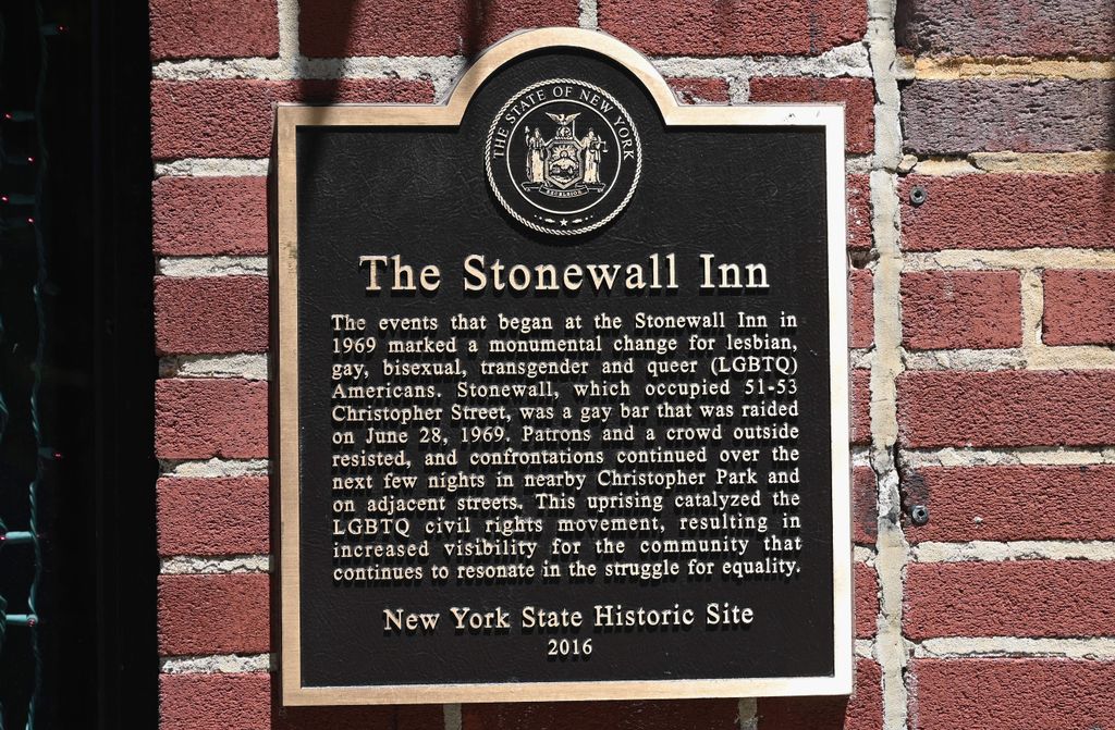 A sign at 'The Stonewall Inn', a Gay bar, National Historic Landmark and site of the 1969 riots that launched the gay rights movement is seen on June 4, 2019 in New York City