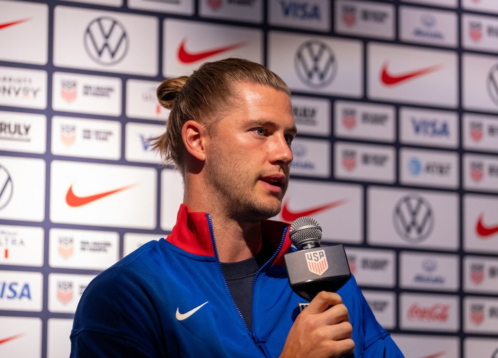 Walker Zimmerman of the United States talks to the media during a Press Conference at Nike House of Innovation on July 8, 2024 in New York City, New York