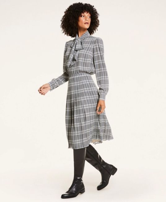 kate middleton plaid black white grey pussy bow pleated dress check
