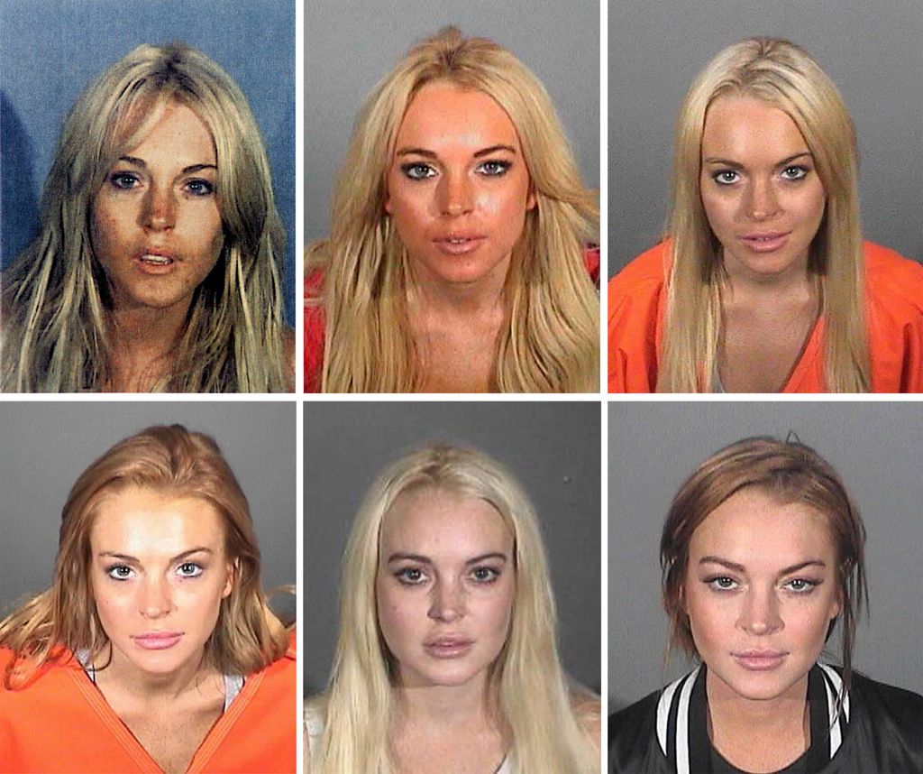 This composite image compares the six booking photos of actress Lindsay Lohan