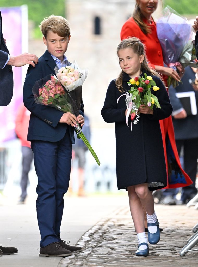 Princess Charlotte of Cambridge and Prince George of Cambridge visit Cardiff Castle on June 04, 2022 in Cardiff, Wales. 