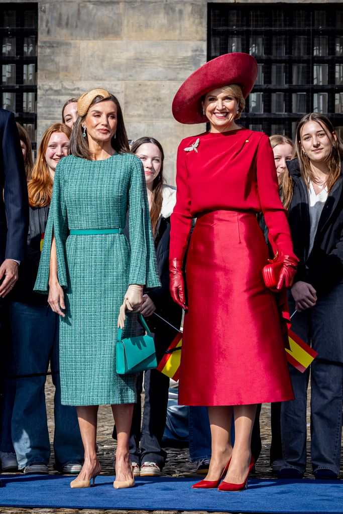 Queen Maxima of The Netherlands welcomes Queen Letizia of Spain in Amsterdam, Netherlands. 