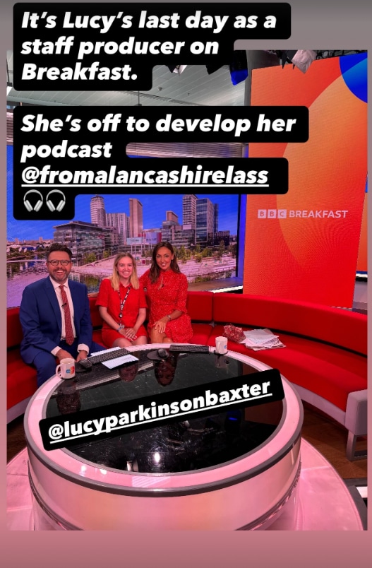 three people sitting on red sofa in tv studio