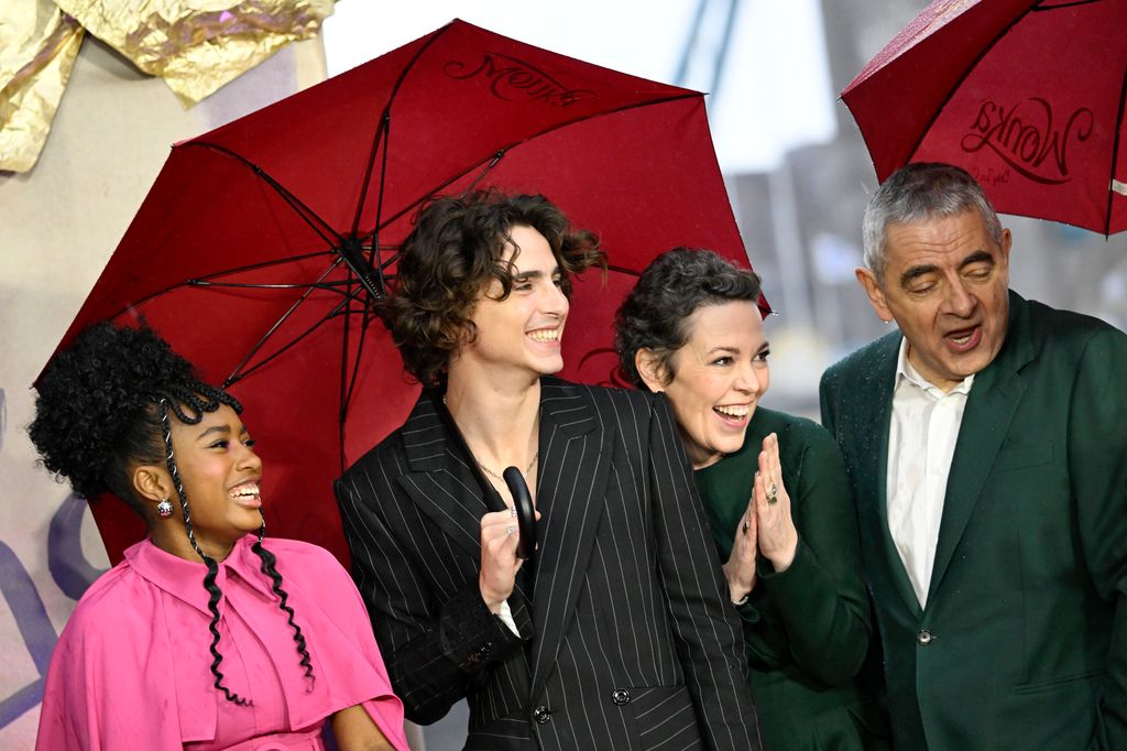 Calah Lane, Timothee Chalamet, Olivia Colman and Rowan Atkinson attend the "Wonka" Photocall at Potters Field 
