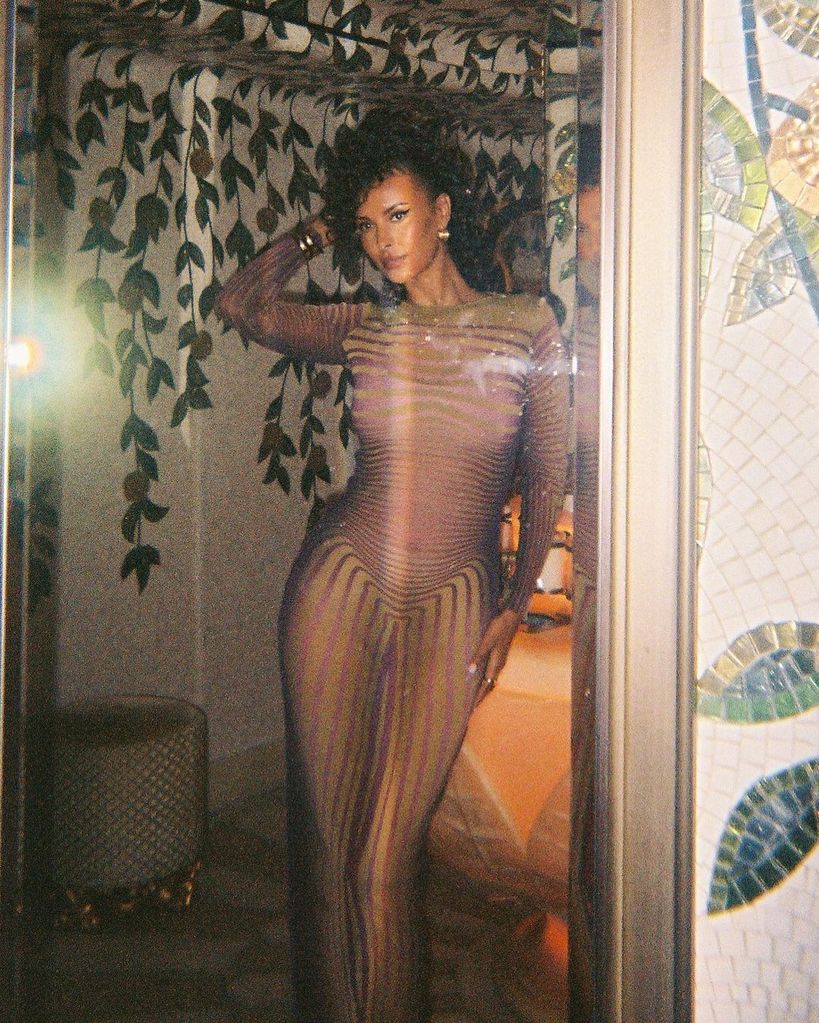 maya jama striped mesh dress