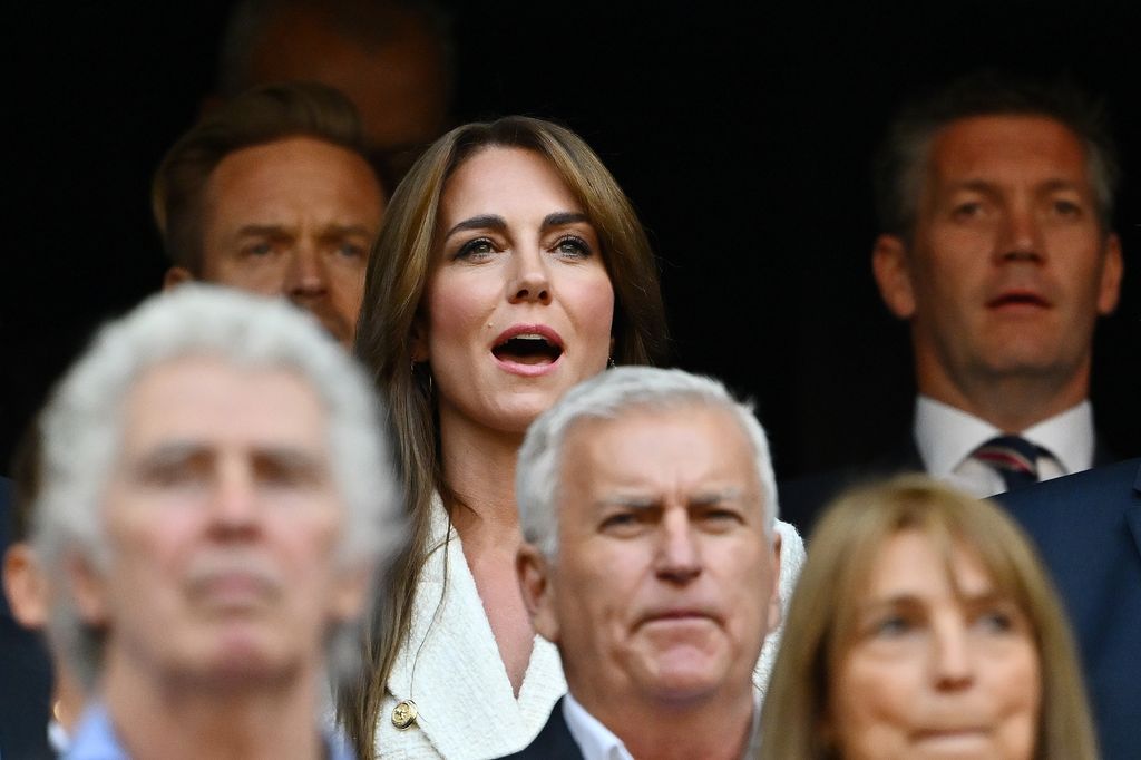 The Princess of Wales and Patron of the England Rugby Football Union (RFU),  sings their national anthem prior to the Rugby World Cup France 2023 Quarter Final match