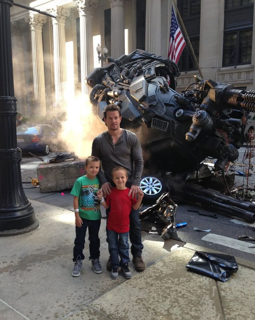 Mark Wahlberg poses with his two sons for a photo on the set of "Transformers: Age of Extinction," shared on Instagram
