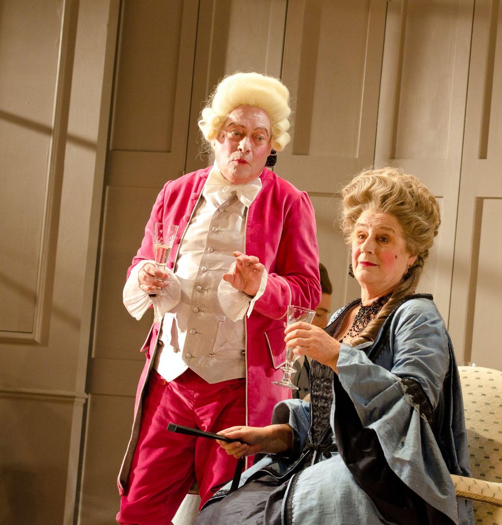 David Killick (Crabtree) and Maggie Steed (Mrs Candour) in The School For Scandal at the Theatre Royal Bath in 2012